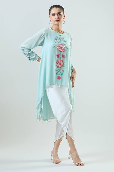 Buy Seams Pret And Couture Blue Crepe, Satin Pearls Round Neck Aadiya Embroidered Tunic With Tulip Pant Online at Aza Fashions Buy_Seams Pret And Couture_Blue Crepe, Satin Pearls Round Neck Aadiya Embroidered Tunic With Tulip Pant _Online_at_Aza_Fashions