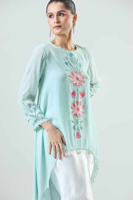 Shop Seams Pret And Couture Blue Crepe, Satin Pearls Round Neck Aadiya Embroidered Tunic With Tulip Pant Online at Aza Fashions Shop_Seams Pret And Couture_Blue Crepe, Satin Pearls Round Neck Aadiya Embroidered Tunic With Tulip Pant _Online_at_Aza_Fashions