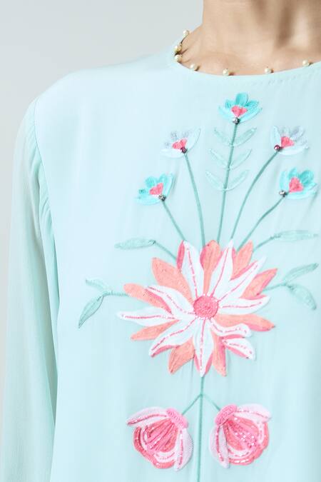 Seams Pret And Couture Blue Crepe, Satin Pearls Round Neck Aadiya Embroidered Tunic With Tulip Pant at Aza Fashions Seams Pret And Couture_Blue Crepe, Satin Pearls Round Neck Aadiya Embroidered Tunic With Tulip Pant _at_Aza_Fashions