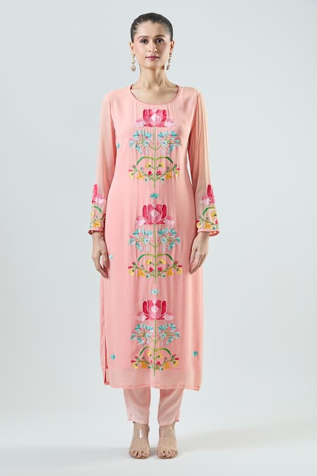 Seams Pret And Couture_Pink Georgette, Silk, Satin Embroidery Round Neck Alice Ari Kurta Pant Set _Online_at_Aza_Fashions