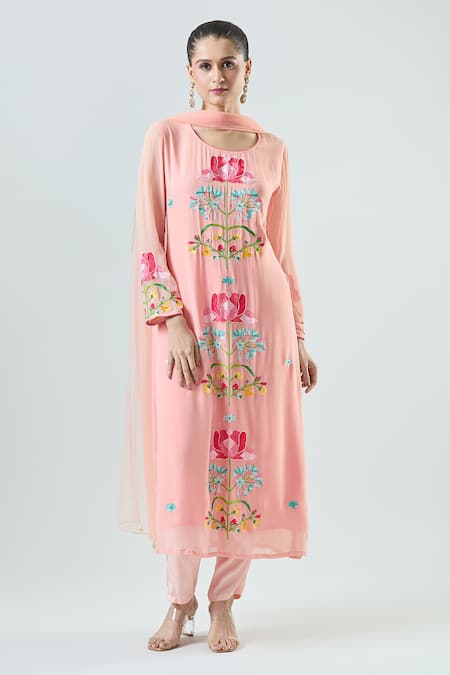 Buy_Seams Pret And Couture_Pink Georgette, Silk, Satin Embroidery Round Neck Alice Ari Kurta Pant Set _Online_at_Aza_Fashions