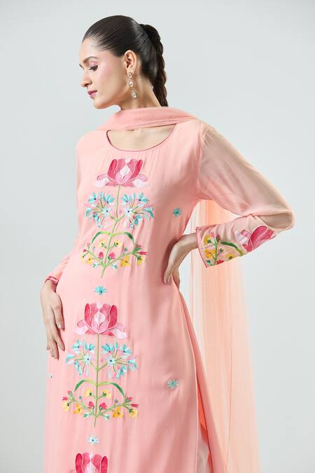 Shop_Seams Pret And Couture_Pink Georgette, Silk, Satin Embroidery Round Neck Alice Ari Kurta Pant Set _Online_at_Aza_Fashions