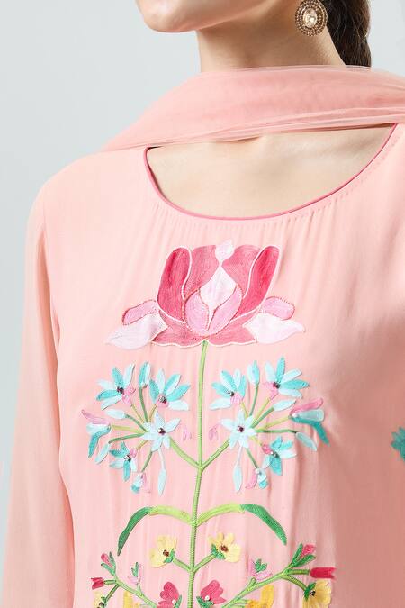 Seams Pret And Couture_Pink Georgette, Silk, Satin Embroidery Round Neck Alice Ari Kurta Pant Set _at_Aza_Fashions