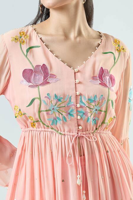 Seams Pret And Couture Pink Georgette, Satin, Cotton Salma Embroidered Peplum Kurta With Sharara Online at Aza Fashions Seams Pret And Couture_Pink Georgette, Satin, Cotton Salma Embroidered Peplum Kurta With Sharara _Online_at_Aza_Fashions