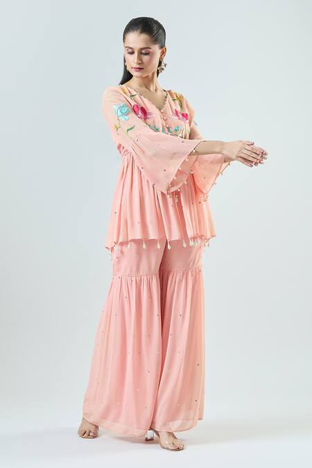 Shop Seams Pret And Couture Pink Georgette, Satin, Cotton Salma Embroidered Peplum Kurta With Sharara Online at Aza Fashions Shop_Seams Pret And Couture_Pink Georgette, Satin, Cotton Salma Embroidered Peplum Kurta With Sharara _Online_at_Aza_Fashions