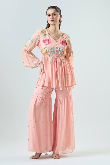 Seams Pret And Couture Pink Georgette, Satin, Cotton Salma Embroidered Peplum Kurta With Sharara at Aza Fashions Seams Pret And Couture_Pink Georgette, Satin, Cotton Salma Embroidered Peplum Kurta With Sharara _at_Aza_Fashions