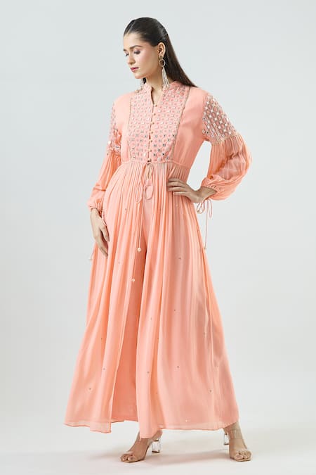 Seams Pret And Couture Pink Georgette Embroidered Mirror Mandarin Betty Kurta With Pant 