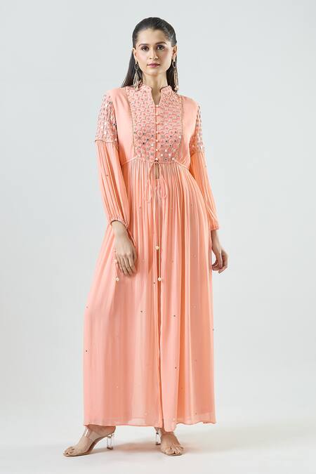 Seams Pret And Couture_Pink Georgette, Satin Beads, Mirrors Mandarin Betty Embroidered Kurta With Pant _Online_at_Aza_Fashions