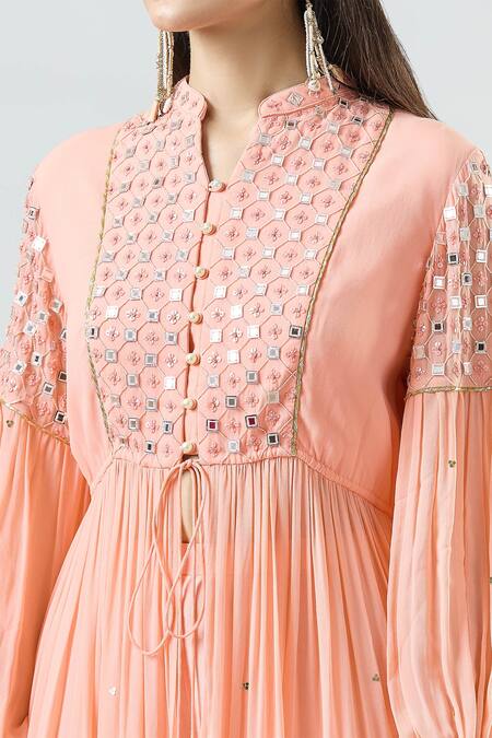 Buy_Seams Pret And Couture_Pink Georgette, Satin Beads, Mirrors Mandarin Betty Embroidered Kurta With Pant _Online_at_Aza_Fashions