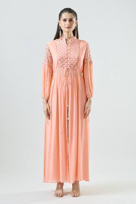 Seams Pret And Couture_Pink Georgette, Satin Beads, Mirrors Mandarin Betty Embroidered Kurta With Pant _at_Aza_Fashions