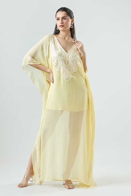 Seams Pret And Couture Yellow Georgette Embroidered Thread V-neck Winnie Aura Kaftan Dress 