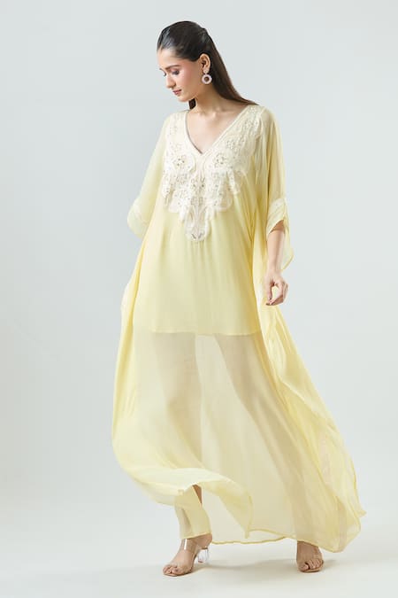 Seams Pret And Couture Yellow Georgette Embroidered Thread V-neck Winnie Aura Kaftan Dress Online at Aza Fashions Seams Pret And Couture_Yellow Georgette Embroidered Thread V-neck Winnie Aura Kaftan Dress _Online_at_Aza_Fashions