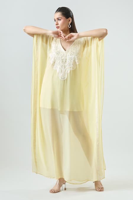 Buy Seams Pret And Couture Yellow Georgette Embroidered Thread V-neck Winnie Aura Kaftan Dress Online at Aza Fashions Buy_Seams Pret And Couture_Yellow Georgette Embroidered Thread V-neck Winnie Aura Kaftan Dress _Online_at_Aza_Fashions