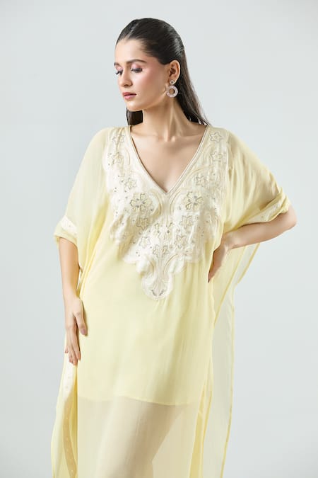 Shop Seams Pret And Couture Yellow Georgette Embroidered Thread V-neck Winnie Aura Kaftan Dress Online at Aza Fashions Shop_Seams Pret And Couture_Yellow Georgette Embroidered Thread V-neck Winnie Aura Kaftan Dress _Online_at_Aza_Fashions