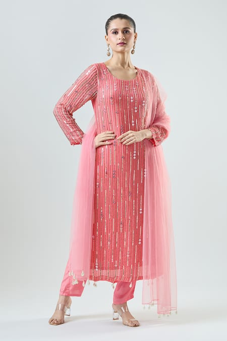 Seams Pret And Couture Coral Georgette Embroidered Mirror Round Amelia Kurta Pant Set 