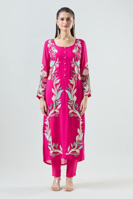 Seams Pret And Couture Fuchsia Net, Georgette, Satin Embroidery Round Neck Pooja Floral Kurta Pant Set Online at Aza Fashions Seams Pret And Couture_Fuchsia Net, Georgette, Satin Embroidery Round Neck Pooja Floral Kurta Pant Set _Online_at_Aza_Fashions