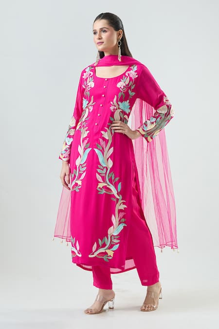 Buy Seams Pret And Couture Fuchsia Net, Georgette, Satin Embroidery Round Neck Pooja Floral Kurta Pant Set Online at Aza Fashions Buy_Seams Pret And Couture_Fuchsia Net, Georgette, Satin Embroidery Round Neck Pooja Floral Kurta Pant Set _Online_at_Aza_Fashions