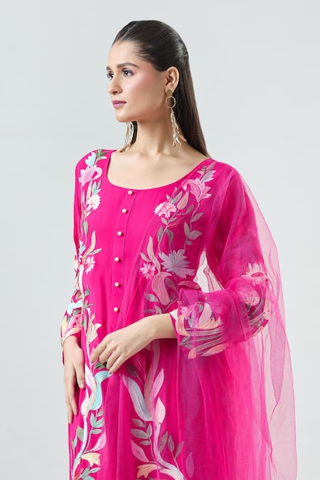 Shop Seams Pret And Couture Fuchsia Net, Georgette, Satin Embroidery Round Neck Pooja Floral Kurta Pant Set Online at Aza Fashions Shop_Seams Pret And Couture_Fuchsia Net, Georgette, Satin Embroidery Round Neck Pooja Floral Kurta Pant Set _Online_at_Aza_Fashions