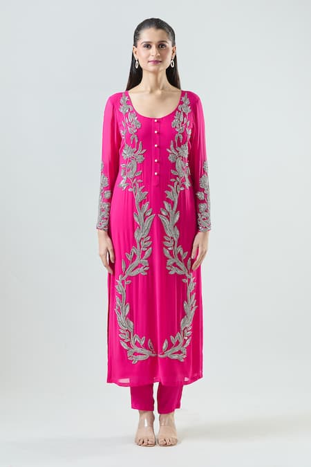 Seams Pret And Couture_Fuchsia Net, Georgette, Satin Beads Round Allara Leaf Embroidered Kurta Pant Set _Online_at_Aza_Fashions