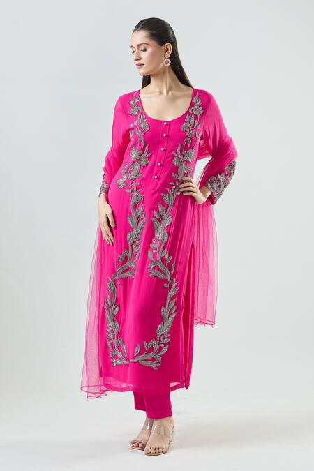 Buy_Seams Pret And Couture_Fuchsia Net, Georgette, Satin Beads Round Allara Leaf Embroidered Kurta Pant Set _Online_at_Aza_Fashions