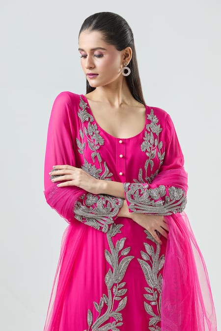Shop_Seams Pret And Couture_Fuchsia Net, Georgette, Satin Beads Round Allara Leaf Embroidered Kurta Pant Set _Online_at_Aza_Fashions