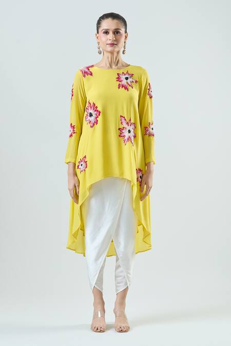 Seams Pret And Couture_Yellow Crepe, Satin Sequins Nargis Floral Embroidered Tunic With Tulip Pant _Online_at_Aza_Fashions