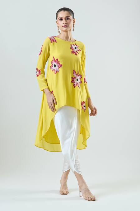 Buy_Seams Pret And Couture_Yellow Crepe, Satin Sequins Nargis Floral Embroidered Tunic With Tulip Pant _Online_at_Aza_Fashions