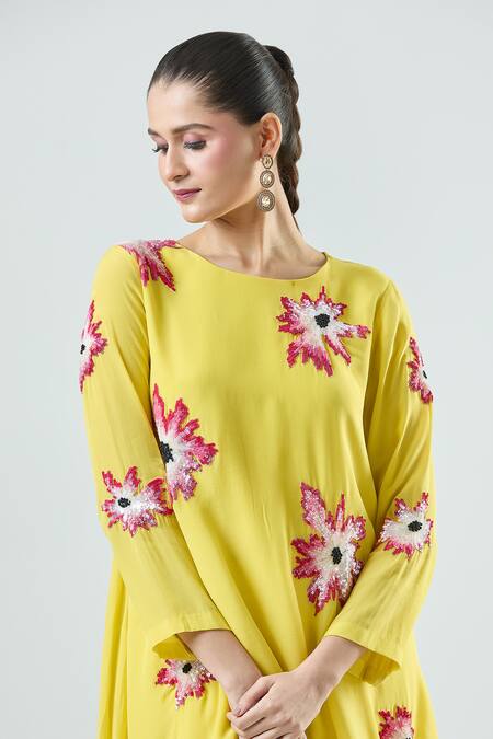 Shop_Seams Pret And Couture_Yellow Crepe, Satin Sequins Nargis Floral Embroidered Tunic With Tulip Pant _Online_at_Aza_Fashions
