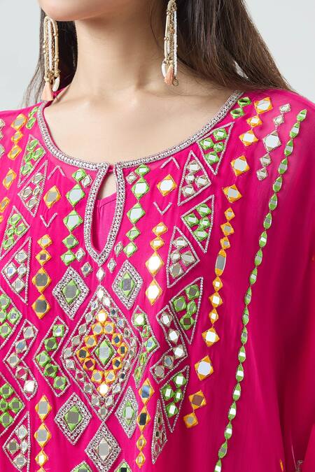 Buy_Seams Pret And Couture_Fuchsia Georgette Embroidered Mirror Round Mahera Kaftan With Pant _Online_at_Aza_Fashions