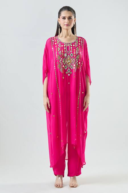 Seams Pret And Couture_Fuchsia Georgette Embroidered Mirror Round Mahera Kaftan With Pant _at_Aza_Fashions