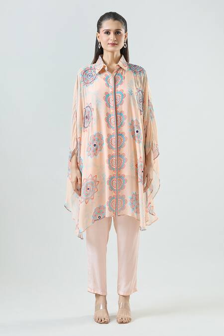 Seams Pret And Couture_Pink Georgette Print Mandala Collar Alohi Kaftan With Pant _Online_at_Aza_Fashions