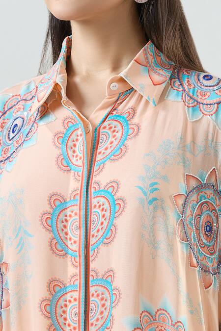 Shop_Seams Pret And Couture_Pink Georgette Print Mandala Collar Alohi Kaftan With Pant _Online_at_Aza_Fashions