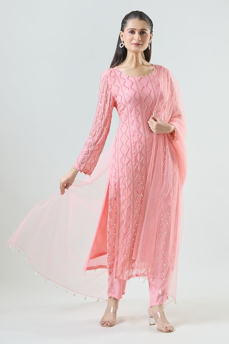 Seams Pret And Couture Pink Georgette Embroidered Sequin Round Tulip Kurta Pant Set 