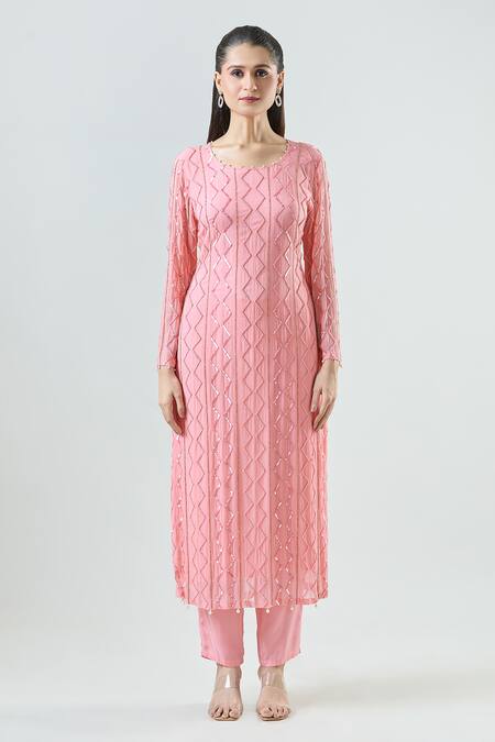 Seams Pret And Couture_Pink Georgette Embroidered Sequin Round Tulip Kurta Pant Set _Online_at_Aza_Fashions