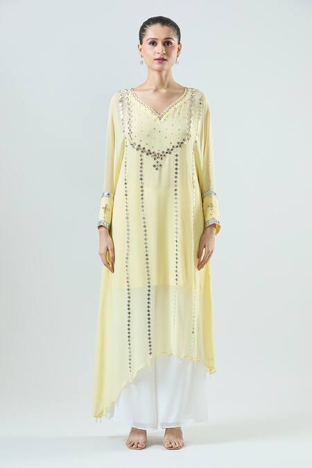 Seams Pret And Couture_Yellow Georgette, Satin Mirrors V-neck Ek Noor Embroidered Kaftan With Pant _Online_at_Aza_Fashions
