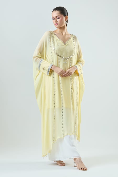 Buy_Seams Pret And Couture_Yellow Georgette, Satin Mirrors V-neck Ek Noor Embroidered Kaftan With Pant _Online_at_Aza_Fashions