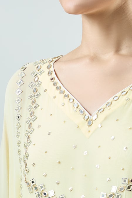 Shop_Seams Pret And Couture_Yellow Georgette, Satin Mirrors V-neck Ek Noor Embroidered Kaftan With Pant _Online_at_Aza_Fashions