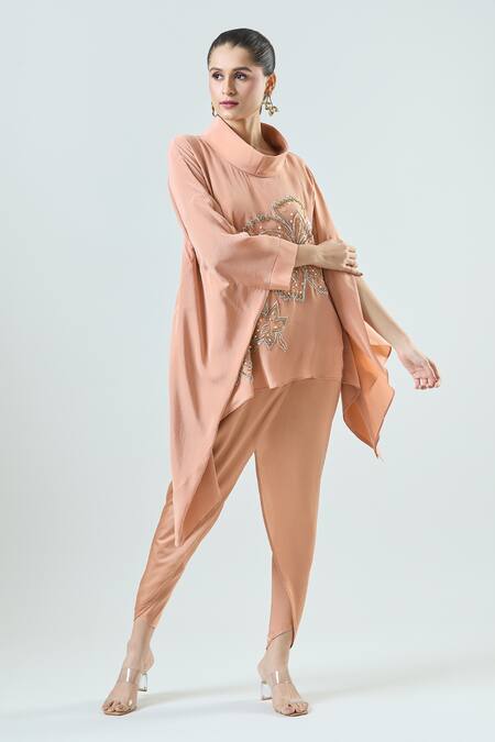 Seams Pret And Couture_Orange Crepe Embroidered Sequin High Neck Delraaz Floral Top With Cowl Pant _Online_at_Aza_Fashions
