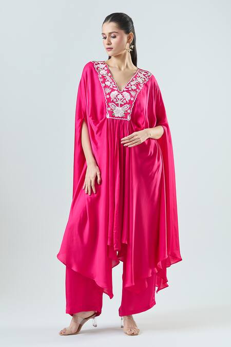 Seams Pret And Couture_Fuchsia Satin Embroidery V-neck Shereen Floral Kaftan With Pant _Online_at_Aza_Fashions