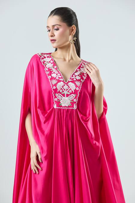 Buy_Seams Pret And Couture_Fuchsia Satin Embroidery V-neck Shereen Floral Kaftan With Pant _Online_at_Aza_Fashions