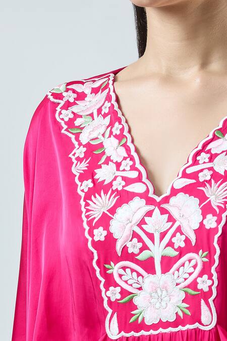 Shop_Seams Pret And Couture_Fuchsia Satin Embroidery V-neck Shereen Floral Kaftan With Pant _Online_at_Aza_Fashions