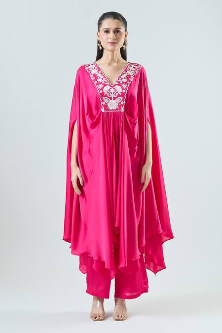 Seams Pret And Couture_Fuchsia Satin Embroidery V-neck Shereen Floral Kaftan With Pant _at_Aza_Fashions