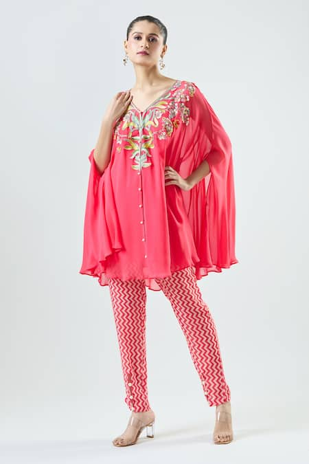 Seams Pret And Couture Coral Georgette Embroidered Thread V-neck Saira Tunic With Pant 