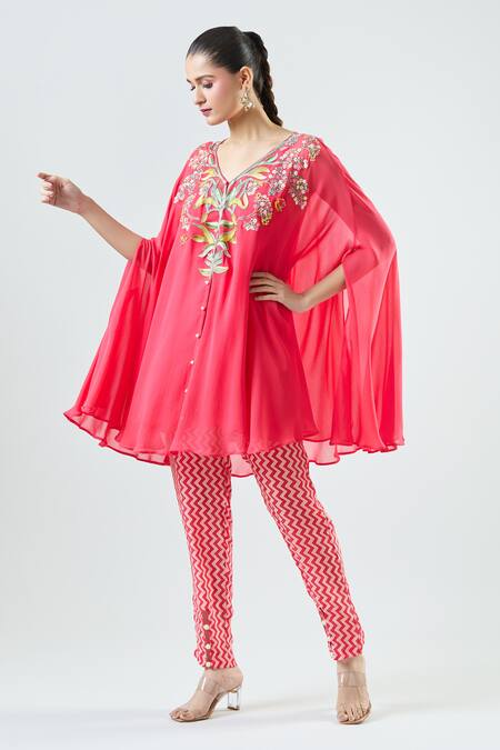 Buy_Seams Pret And Couture_Coral Georgette Embroidered Thread V-neck Saira Tunic With Pant _Online_at_Aza_Fashions