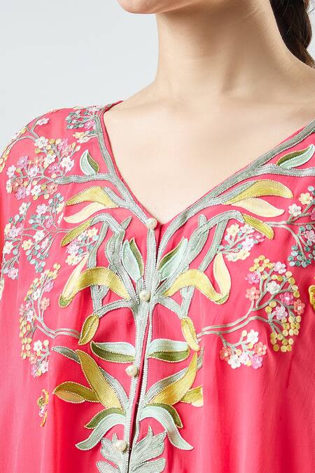 Seams Pret And Couture_Coral Georgette Embroidered Thread V-neck Saira Tunic With Pant _at_Aza_Fashions