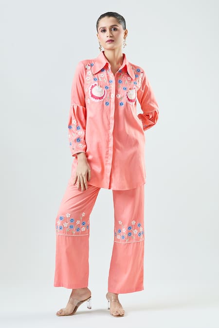 Seams Pret And Couture Pink Georgette Embroidered Thread Collar Roset Shirt With Pant 