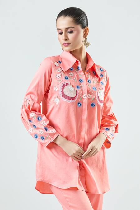 Shop_Seams Pret And Couture_Pink Georgette Embroidered Thread Collar Roset Shirt With Pant _Online_at_Aza_Fashions