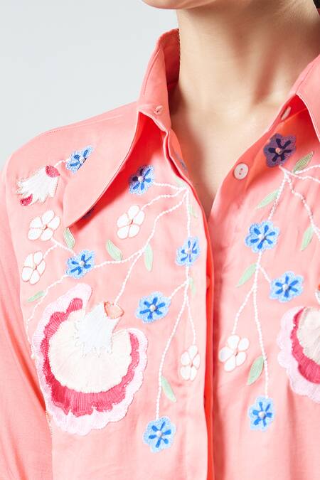 Seams Pret And Couture_Pink Georgette Embroidered Thread Collar Roset Shirt With Pant _at_Aza_Fashions