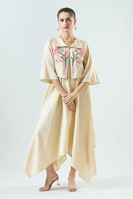 Seams Pret And Couture Ivory Crepe Embroidered Thread Collar Valery Floral Jacket With Dress 