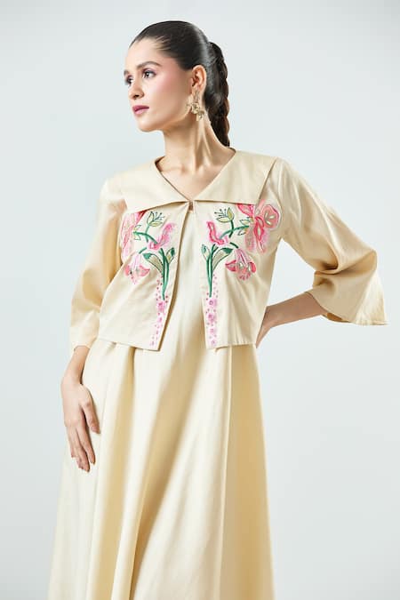 Buy_Seams Pret And Couture_Ivory Crepe Embroidered Thread Collar Valery Floral Jacket With Dress _Online_at_Aza_Fashions